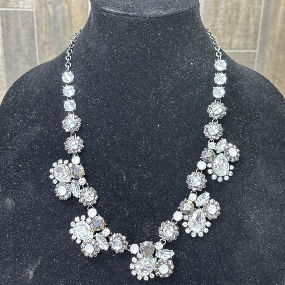 Vintage 1950s Gunmetal Rhinestone Bib Necklace Clear Gray Futuristic Statement